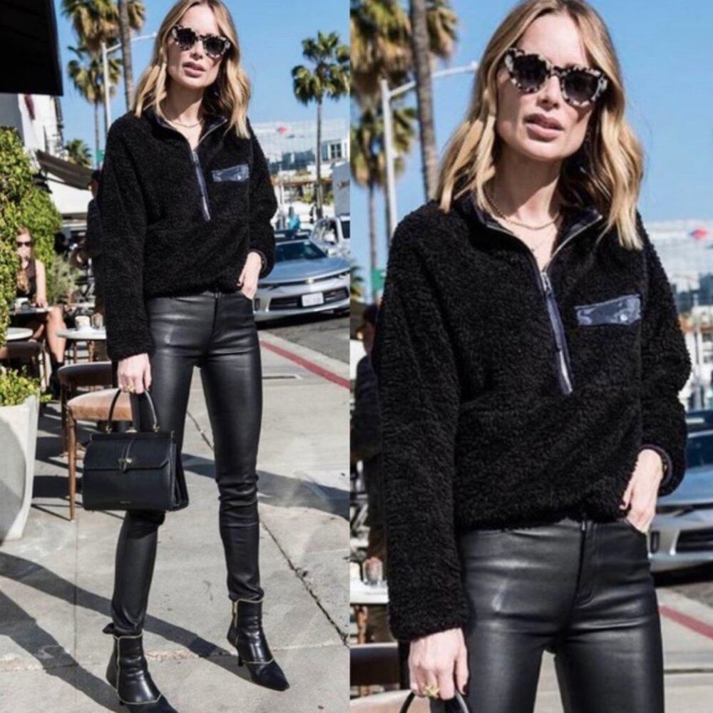 ANINE BING Sierra Half Zip Pullover Sherpa Fleece Teddy Sweatshirt Black {VV10}